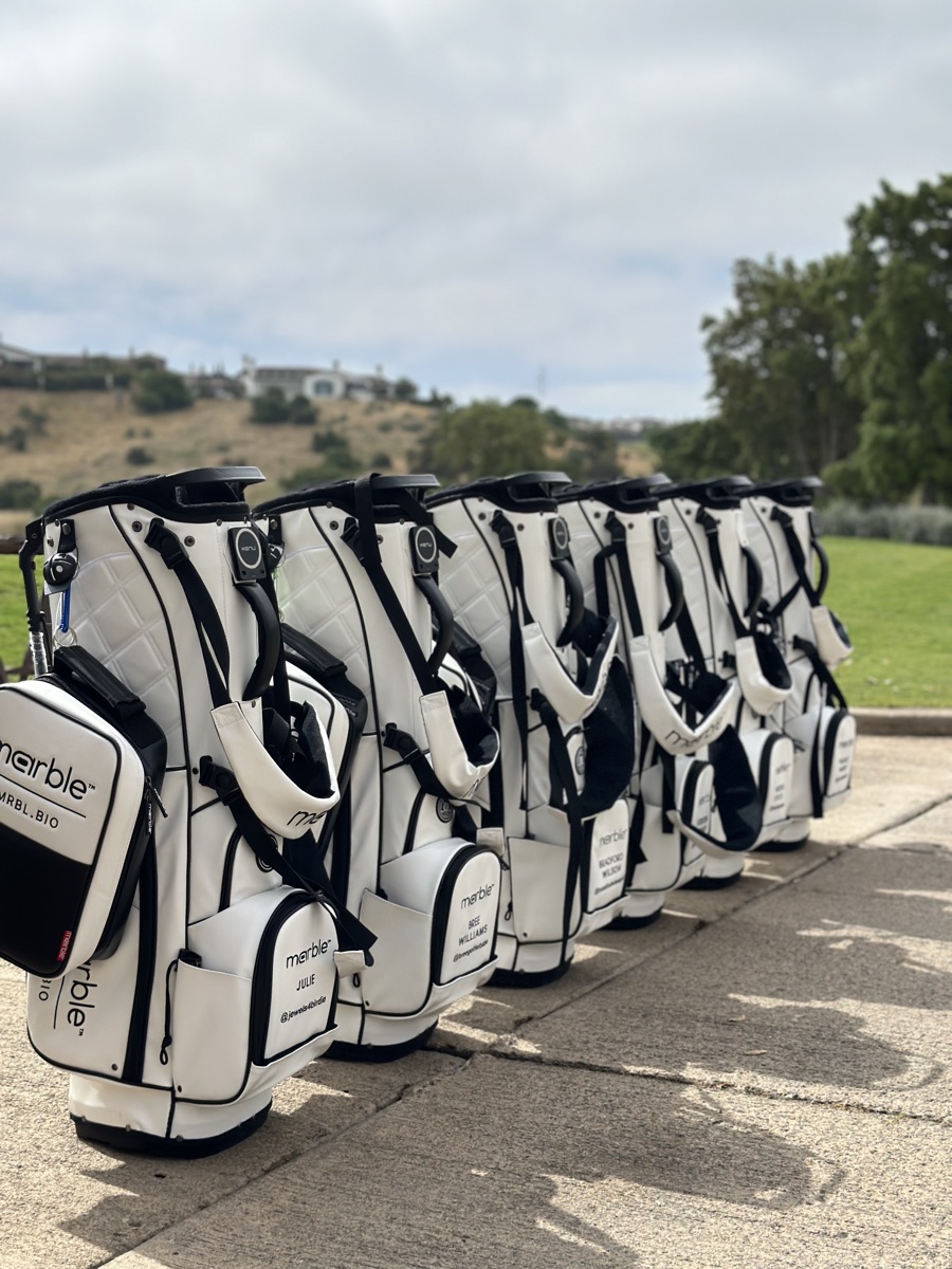 A row of white Marble bags from behind, straps and quilted panels in soft light